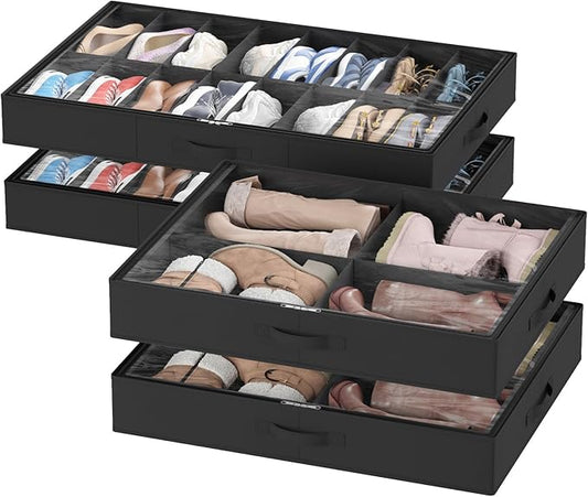 Lifewit Under Bed Shoe Storage Organizer 4 Pack(2x16 Pairs+2x4 Pairs), 4.3" Tall Fabric Shoes Container Box, Foldable Closet Shoe Bag with 2 Reinforced Handles and Clear Cover, Black