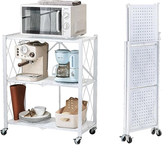 BRIAN & DANY 3-Tier Foldable Storage Shelves with Wheels, No Assembly Folding Shelf Metal Rack, Shelving Unit for Kitchen, Garage, White