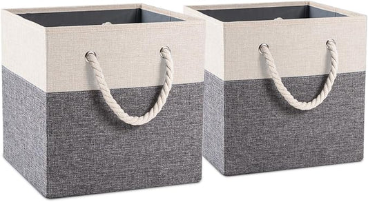 PRANDOM Large Foldable Cube Storage Bins 13x13 inch [2-Pack] Fabric Linen Storage Baskets Cubes Drawer with Cotton Handles Organizer for Shelves Nursery Closet Bedroom White and Grey
