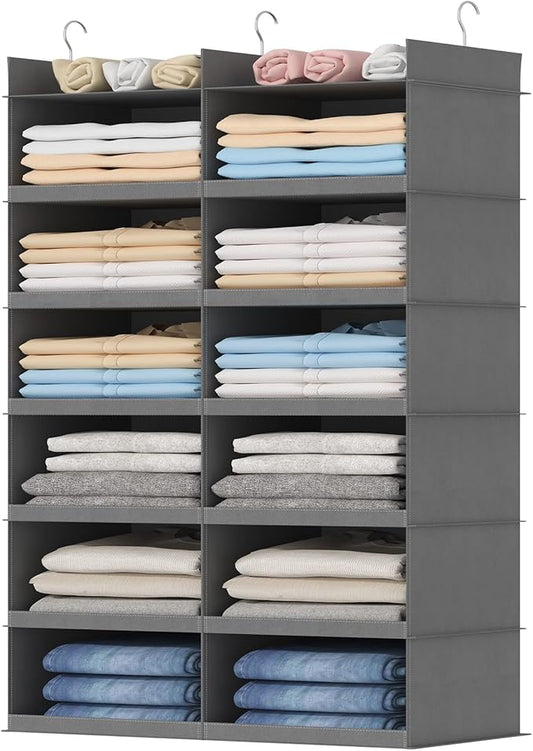 Lifewit Dual-Row 6 Tier Hanging Closet Organizer and Storage, Wide Clothes Storage Shelves with 3 Sturdy Hooks for Clothing Organization, Large Foldable Sweater Shelf for Bedroom, 12 Sections, Grey