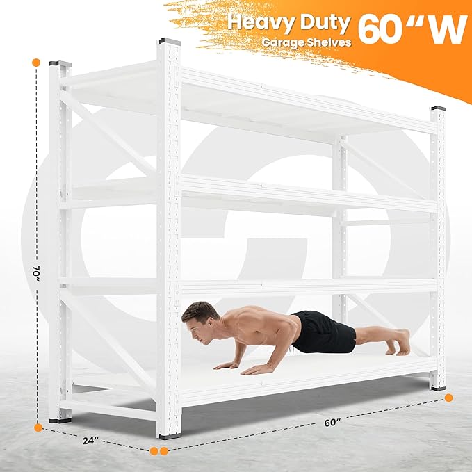 60" W Metal Shelving Heavy Duty, 24" Deep Large Storage Shelves, 4 Tier Tall Steel Industrial Shelving, 5000 LBS Adjustable Standing Shelf for Warehouse/Shop 60" W x 24" D x 70" H