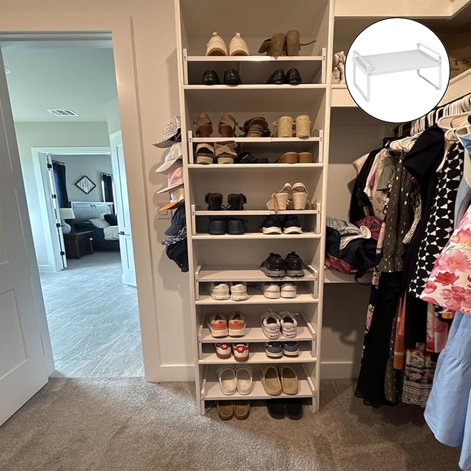 1-Tier Expandable Metal Shoe Rack (H:7"), Adjustable Long 14.17"–25.2", Heavy-Duty Free-Standing Shoe Shelf for Closet, Entryway & Small Spaces(1PCS/White)