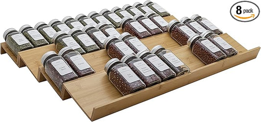 Bamboo Spice Rack Drawer Organizer - 8 Pieces Set- 11" Wide Per Piece - Combine Pieces Into 22" Wide Rack (11" or 22")