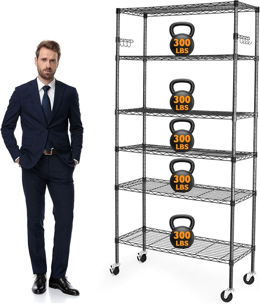 BolDuck 6 Tier Storage Shelves with Wheels, 2100lbs Capacity Heavy Duty Shelving Units, 14x36x75inch Adjustable Metal Shelf Wire Shelving Rack for Garage, Kitchen, Office, Black