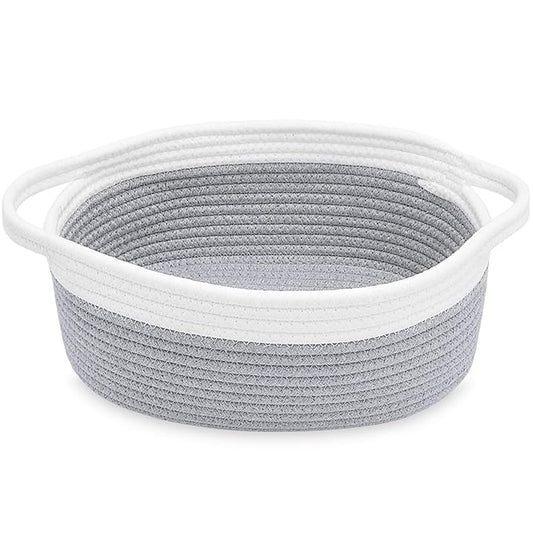 ABenkle Small Basket with Handles, Boho Decorative Rope Woven Dog Cat Toy Storage Bin Shelf Storage Organizer, Easter Christmas Gift Basket, 12"x8"x5", Grey