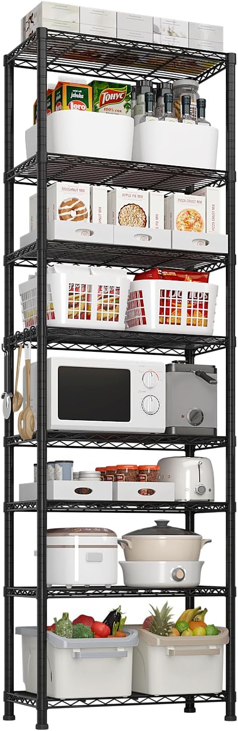 8 Tier Storage Racks Shelving, Heavy Steel Pantry Shelves, Adjustable Wire Shelving Rack, Suitable for Garage, Kitchen, Bathroom, Office, 24" W x 14" D x 80" H, Black