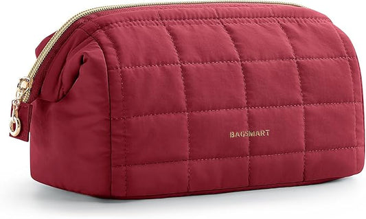 BAGSMART Makeup Bag Travel Toiletry Bag, Puffy Padded Make Up Bags for Women Makeup Organizer Case, Wide-open Pouch Purse Travel Essentials Toiletries Accessories Brushes, Garnet Red