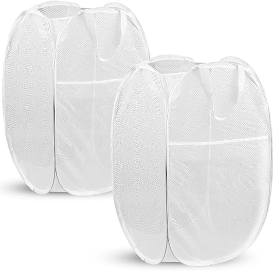 DUCOO Pop Up Laundry Hamper, 70L Collapsible Mesh Laundry Basket with Side Pocket, Foldable Dirty Clothes Hamper with Sturdy Reinforced Handles for Home Dorm Bedroom Travel Storage, White, 2Pack