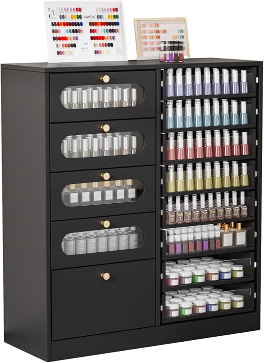 OmySalon Nail Salon Organizer Cabinet, 32" L Floor Storage with 8 Clear & 4 Visual Drawers, Wooden Display for Polish & Powder, Beauty Salon Furniture (Black, 32'' Length)