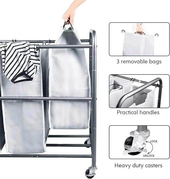 ROMOON Laundry Sorter Hamper 3 Section, Divided Laundry Basket Organizer with Heavy Duty Lockable Wheels and Removable Bags, Rolling Clothes Hamper for Apartment, Dorm & Family (130L Neutral Gray)