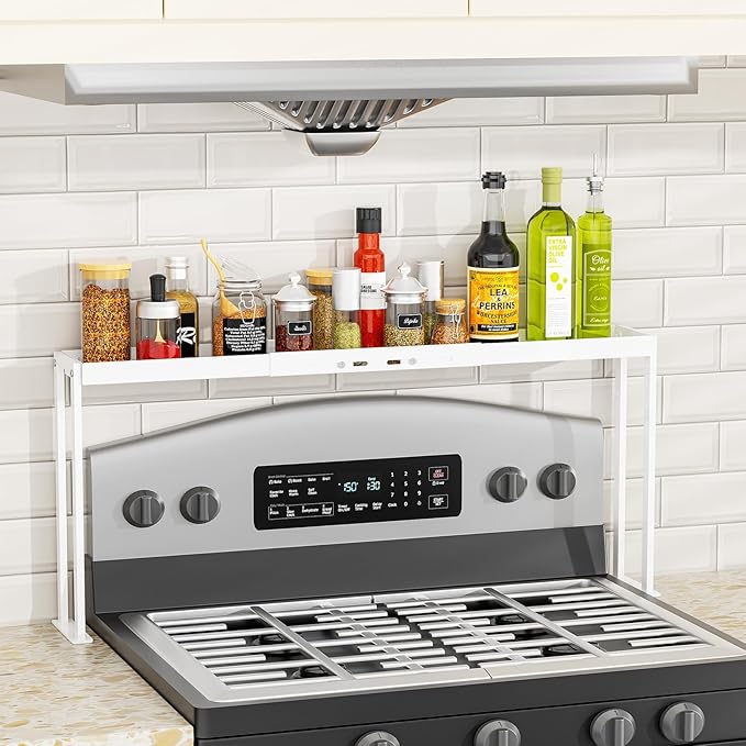 Stove Top Shelf for Curved Stove, Expand 27 to 33 Inch Spice Rack, 4 Level Adjustable Height Spice Shelf, Over the Stove Shelf for Back of Stove Spice Rack Organizer for Countertop, White