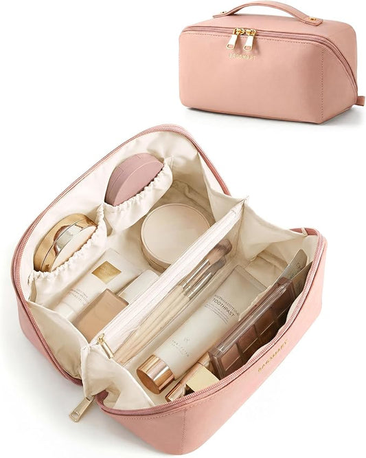 BAGSMART Makeup Bag Travel Cosmetic Bag, Large Make Up Bag Flat Open Toiletry Bag for Women, PU Leather Travel Essentials Organizer Case, Wide-open Pouch Purse for Skincare, Brushes, Nude Pink