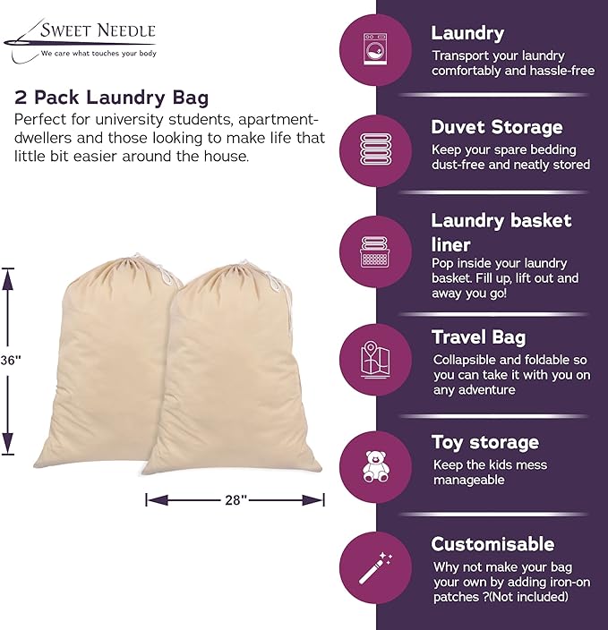 SweetNeedle Pack of 2 Heavy Duty Extra Large Laundry Storage Shopping Bag, 28 x 36 IN 75L - 100% Cotton, Highly durable, Draw-cord with cord-lock, Machine Wash and reusable Travel Bag - Natural