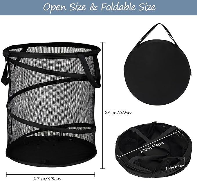 BATTOO Mesh Collapsible Laundry Baskets, Foldable Pop Up Laundry Hamper, Large Laundry Basket Hamper for Laundry, Bathroom, Kids Room, College Dorm, Travel, Camping Black
