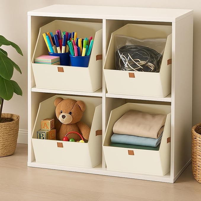 Homsorout Fabric Closet Storage Cubes - 6 Pack Square Storage Bins with Dual Handles for Clothes, Towels, Toys, Cube Storage Organizers for Bedroom, Nursery, Shelves, Closet, Small Spaces, Beige