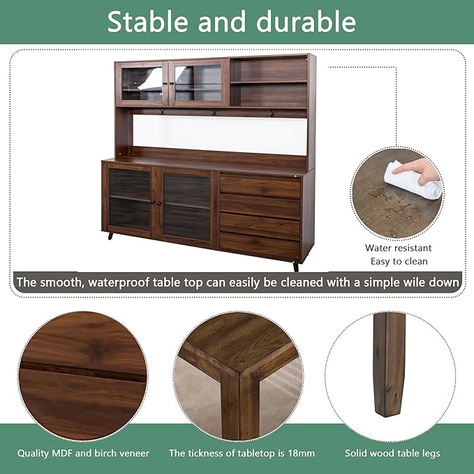 Farmhouse Kitchen Pantry Cabinet, 74.8" Tall Freestanding Cupboard with Multi-Tier Storage Rack and Microwave Stand for Kitchen, Dining Room, Walnut