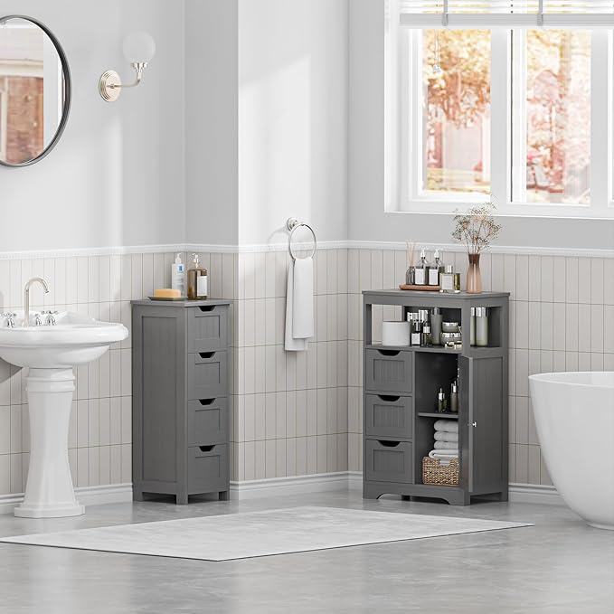 SUPER DEAL Small Bathroom Storage Cabinet with 4 Drawers, Freestanding Narrow Wooden Side Storage Organizer for Bathroom Hallway Living Room, Grey