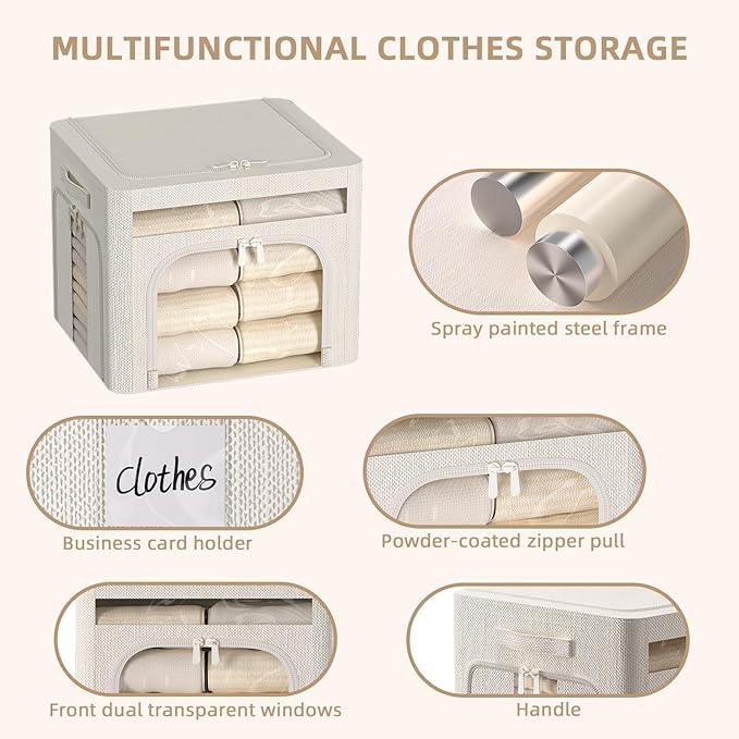 FHSQX 6 Pack Foldable Storage Bins for Clothes Clothes Storage Bins with Metal Frame Stackable Storage Box with Lid (Cream White, 19.7x15.7x13.8 inch (70L))