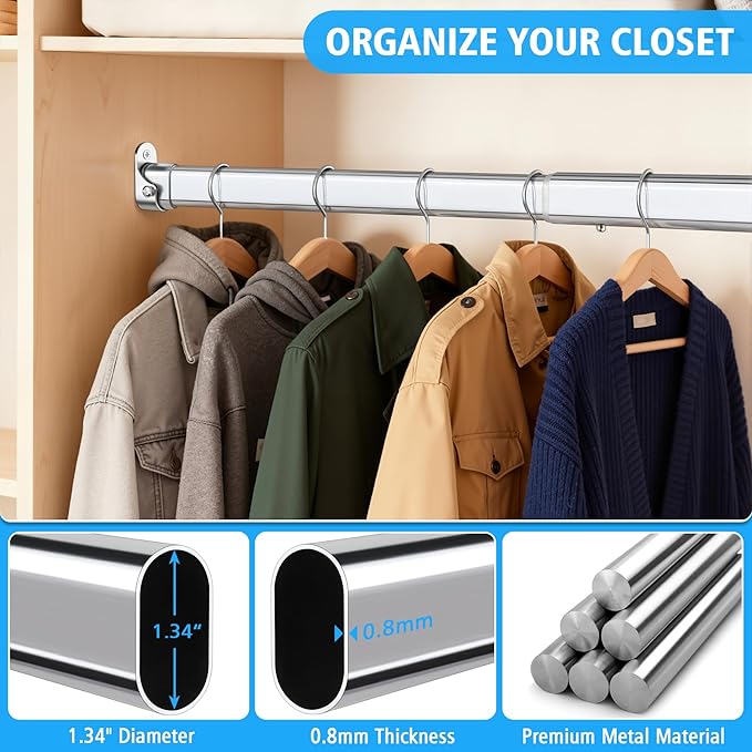 Premium Chrome Oval Closet Rod for Hanging Clothes 30 to 54.5 Inch, Includes End Supports, Adjustable Wardrobe Tube, Heavy Duty Extendable Closet Pole, Carbon Steel
