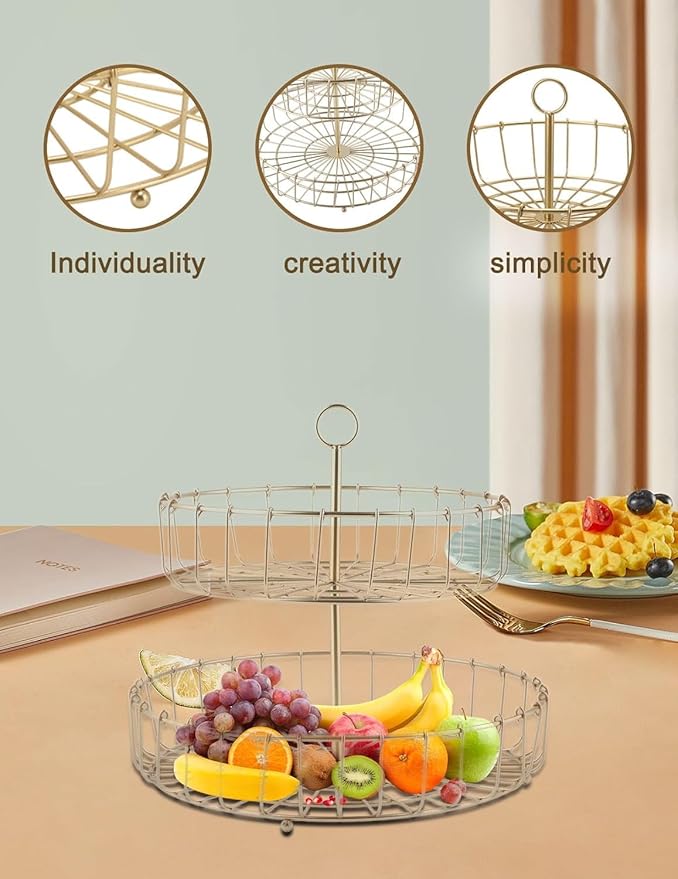 Fruit Bowl,11.93in Iron Round Golden 2 Tier Fruit Basket Nordic Household Snack Storage Tray for Kitchen Parties for Fruits Vegetables