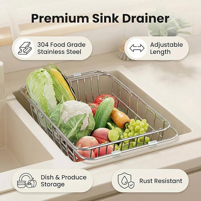 Drain Rack for Dishes Inside/Outside Sink-Expandable Stainless Steel Structure, Rubber Primer Protection, Space-Saving Kitchen Storage Tool. (Middle)