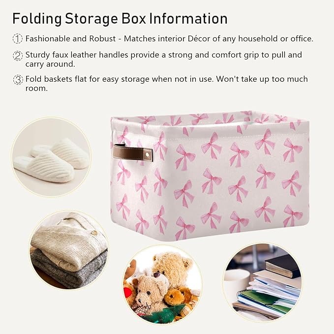 xigua Bow Storage Basket Collapsible Toy Storage Bins Waterproof Canvas Storage Basket with Leather Handles for Home Closets Offices,Bedrooms,Toy and Gift Baskets,2PCS