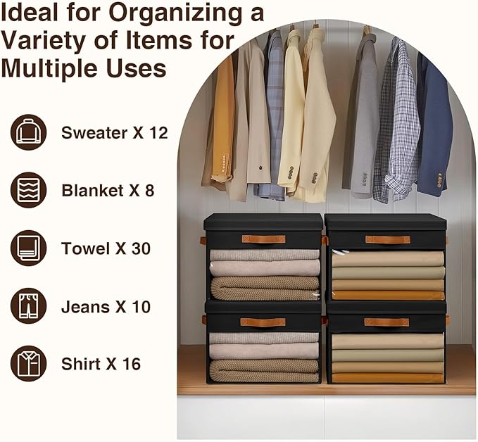 Homsorout Large Storage Bins with Lids - 3 Pack Foldable Decorative Organizers with Clear Windows & Handles, Cube Storage Organizers for Clothes, Blankets, Sweaters, Sheets, Black