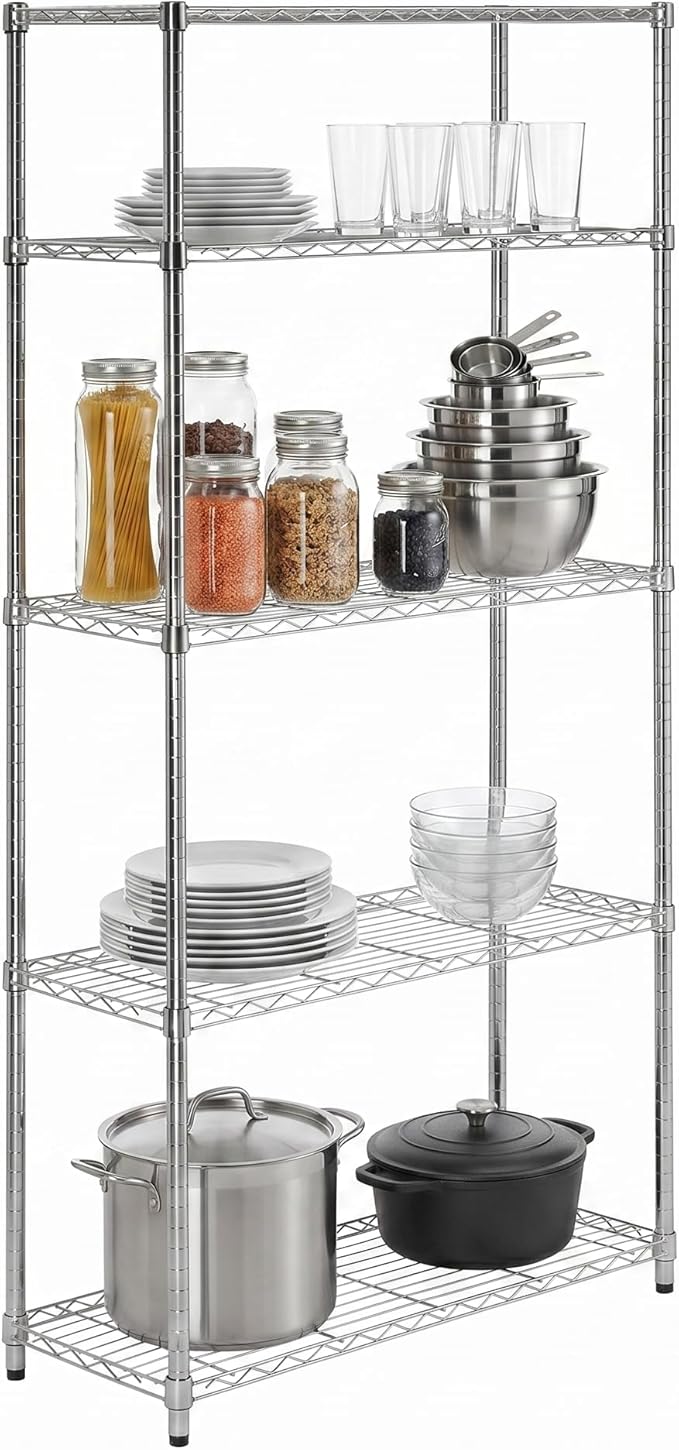 Honey-Can-Do 5-Tier Heavy Duty Adjustable Shelves, Metal Storage Rack with 200-lb Shelf Capacity, Chrome, 14" W x 36" L x 72" H