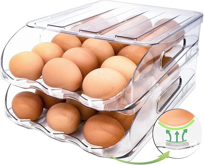 SMRCAD Egg Holder for Fridge, Automatic Steady Rolling Egg Container with Soft Bumpers & Handle for Refrigerator, Stackable Fridge Organizers and Storage with Lid