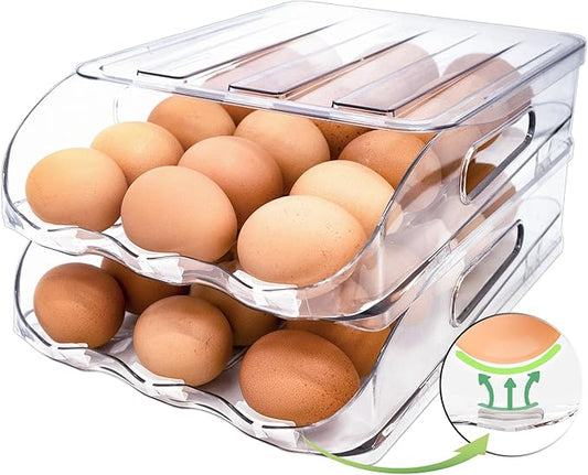 SMRCAD Egg Holder for Fridge, Automatic Steady Rolling Egg Container with Soft Bumpers & Handle for Refrigerator, Stackable Fridge Organizers and Storage with Lid