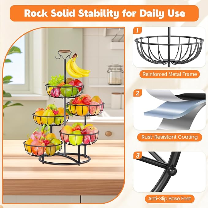 PouHenier.jh 5 Tier Fruit Basket Tower Stand with Banana Hanger for Kitchen Counter, Vegetable Tiered Shelf for Countertop, Tall Standing Produce Holder for Potato, Onion with Stable Base (Black)