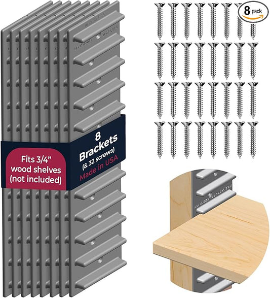Made in USA EZStudRack Adjustable Shelf Brackets, 8-Pack (4 Pairs) – Easy-to-Adjust One-Row Storage for Custom-Fit Shelves – Your Items, Your Wood, You Supply It