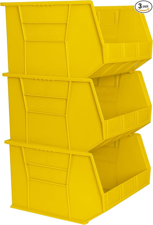 Akro-Mils 30270 AkroBins Plastic Storage Bins, Space-Saving Stackable Bins for Garage, Pantry, Craft Organization, 18" x 16" x 11", Yellow, 3-Pack