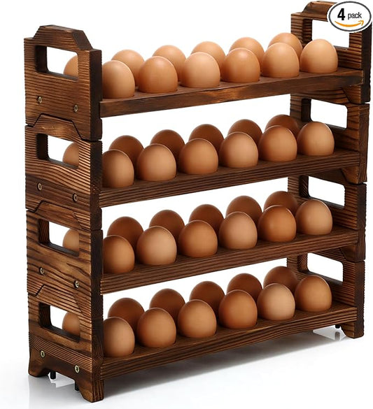 LemonRoad 4 Tier Wooden Egg Holder for Countertop, Pine Stackable Fresh Egg Storage Farmhouse Collecting Rack for Gathering Kitchen Organizer Duck Eggs Display, Stackable with 48 Eggs