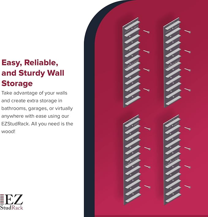 Made in USA EZStudRack Adjustable Shelf Brackets, 8-Pack (4 Pairs) – Easy-to-Adjust One-Row Storage for Custom-Fit Shelves – Your Items, Your Wood, You Supply It