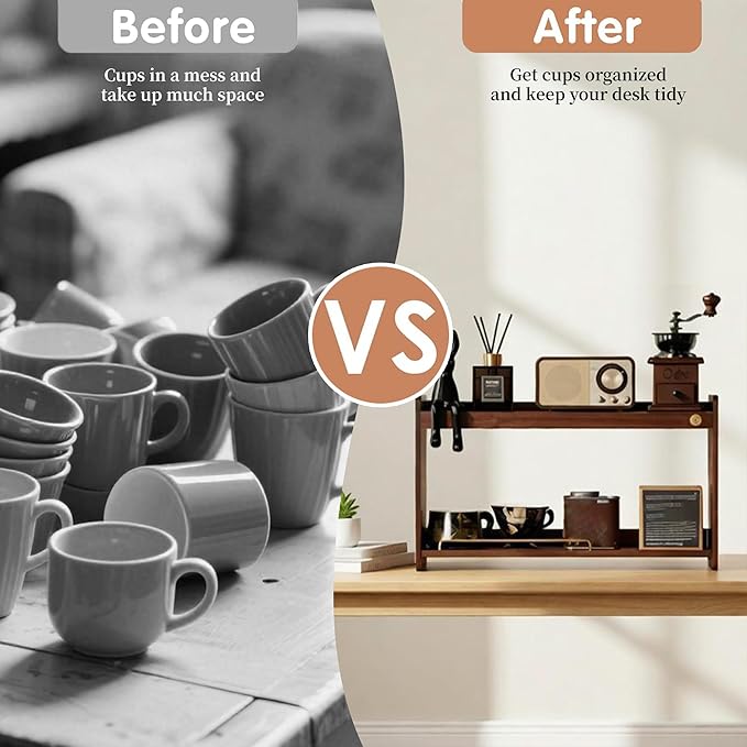 Wooden Cup Holder 2 Tier Walnut Wooden Shelf Organizer Coffee Station Organizer for Kitchen Home