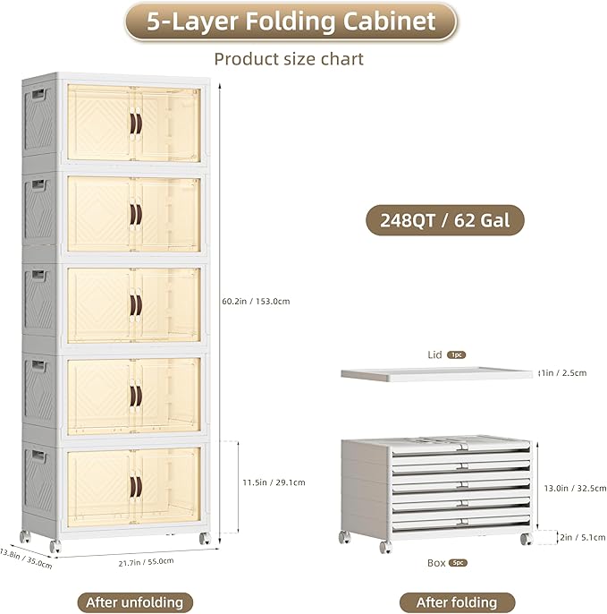 248 QT / 62 Gal Rolling Foldable Storage Cabinet with Stackable Feature - Double Magnetic Doors, Leather Handles, Durable Plastic for Closet/Office, Easy Assembly & Move