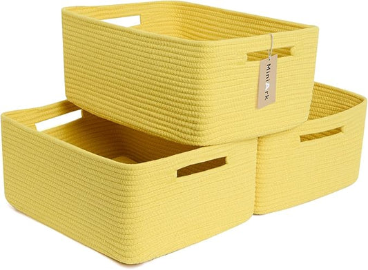MiniArk Large Storage Baskets for Shelves, Closet Organizers Bins for Clothes Blanket Towels, Baby Nursery, Toy Baskets Box, Woven Rope Baskets, 17 x 13 x 7.5”, 3 Packs Yellow
