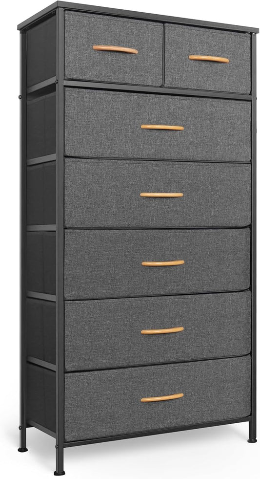 Mifuro Tall Dresser for Bedroom, Vertical Storage Organizer Tower with 7 Drawers, Chest of Drawers with Fabric Bins, Steel Frame, Wood Top for Bedroom, Closet, Entryway- Grey