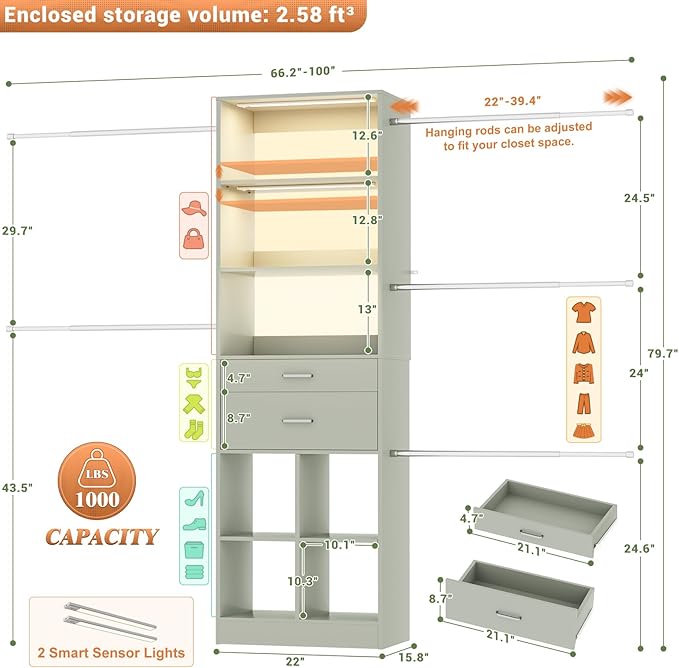 Besiost Closet System, Built in,Not Free Standing, Enclosed Storage Volume: 2.58 ft³, Crab Green