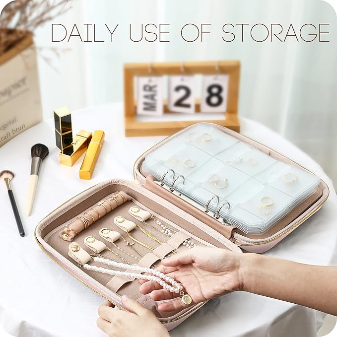 ProCase Large Travel Jewelry Organizer Case, Jewellery Home Storage Book Ring Binder with Clear Pockets for Presentation, Zippered Pouch Bag for Earrings Necklaces Bracelets -Pink