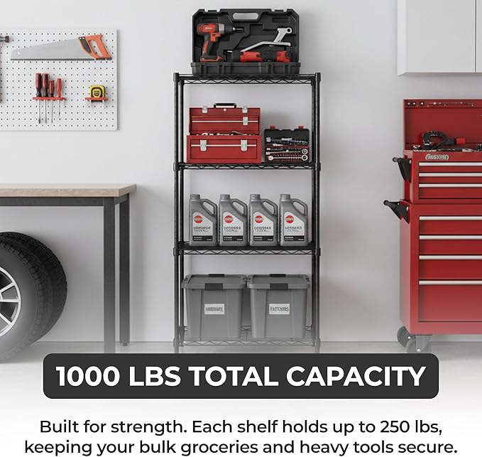 3-Tier Heavy Duty Adjustable Shelves, Metal Storage Rack with 250-lb Shelf Capacity, Matte Black, 14" W x 24" L x 30" H
