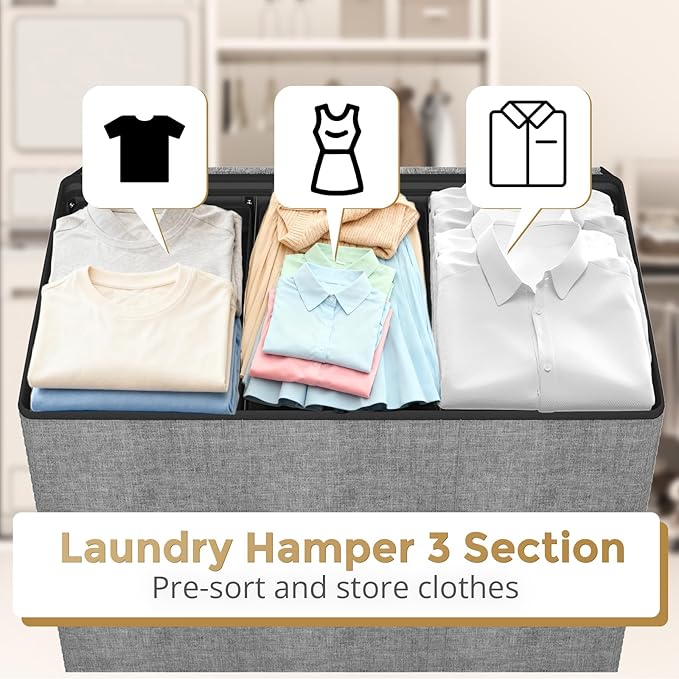 Optish 180L Laundry Hamper 3 Section, Large Laundry Hamper with Lid, Dirty Clothes Hampers with Handles, Laundry Basket Organizer for Laundry, Bedroom, Bathroom, Laundry Sorter Baskets, Grey