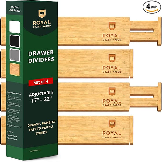 Bamboo Drawer Dividers Organizers, Adjustable Drawer Separator Splitters, 17–22 Inches Expandable Drawer Divider Organizer for Large Utensils, Kitchen, Bedroom, Dresser & Office Drawers 4-Pack