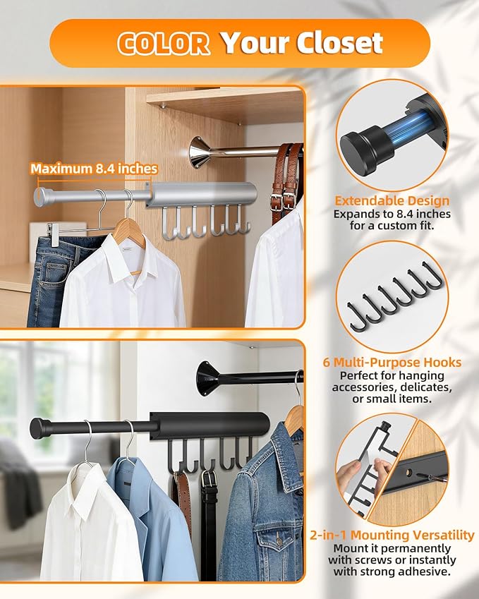 12 inch Valet Rod for Closets Pull Out, Closet Rods Extenders for Hanging Clothes Telescoping Adjustable With 6 Hooks (Black, 12 Inch-2 Pack)