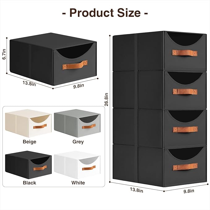 Homsorout Stackable Storage Drawers - Collapsible Storage Bins with Drawers, 4 Pack Closet Shelf Organizer Basket, Fabric Pull Out Organizer for Bedroom, Living Room, Dorm, Black