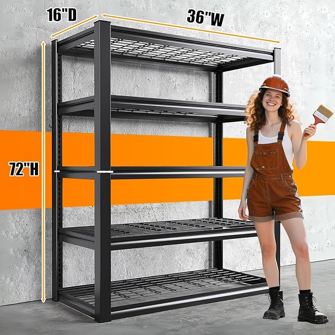 72''H Garage Wire Shelving 3000LBS Capacity Heavy Duty Garage Storage Shelves, Adjustable 5 Tier Metal Industrial Wire Shelf for Kitchen Utility Room Warehouse Basement, Black (36''Wx16''Dx72''H)