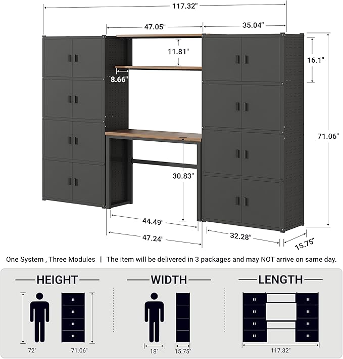 FLEXIMOUNTS Garage Storage Cabinet System, 3-in-1 Modular Metal Tool Cabinet w/Workbench and Metal Board Shelf Includes Pegboard, 24-Gauge Steel, 117"(L) w/ 8 Doors, Black, FLEXIMOD Series