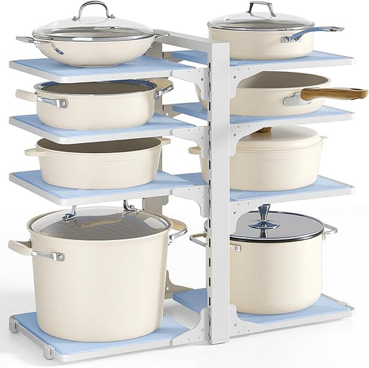 LAMU Pots and Pans Organizer under Cabinet, 8 Tier Heavy Duty Pan Organizers inside Cabinet, Adjustable Pot Rack for Small Kitchen Storage, 15" Height Holds Cast Iron Pans and Skillets White