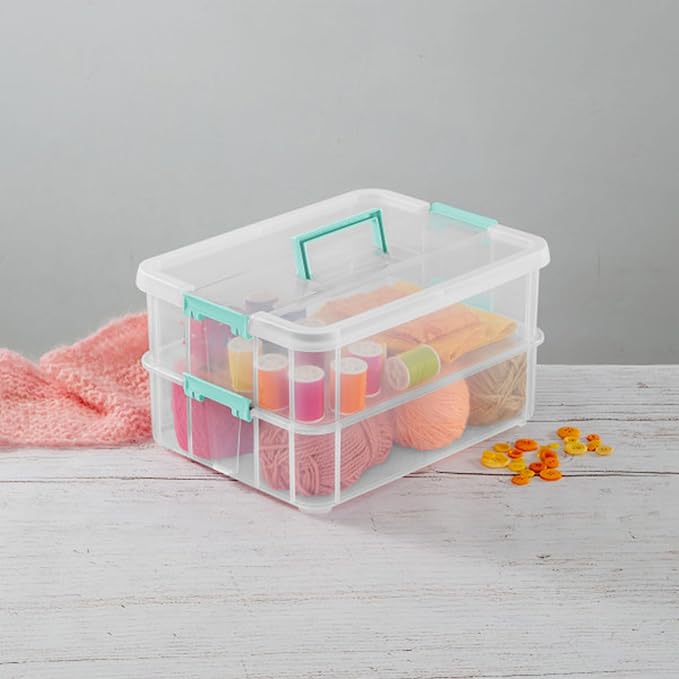 Sterilite 16-Pack Stack & Carry, 2 Layer Handle Box for Home & Office Storage - Clear Base & Lid with Color Latches, Organizer for Art & Craft Supplies, Sewing Tools or 8.5" x 11" Paper